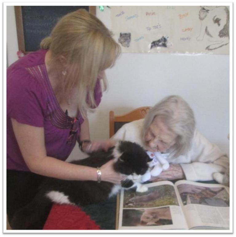 a woman holding a cat with white and black fer up to an elderly lady sat down