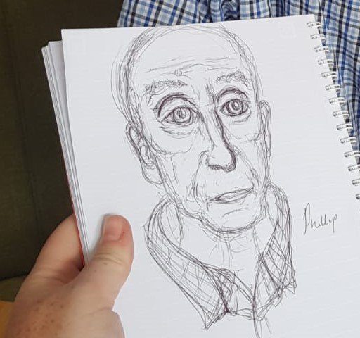 a pencil drawing of an eldely man