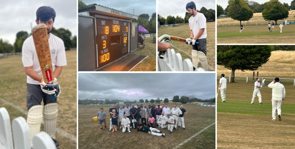 A series of photos from a local cricket match at Frome Cricket Club in Somerset between Frome Nursing Home, Catherine House Care Home, and the Frome Red Stars. Shots include a batsman padding up, the scoreboard showing 104 for 3 after 12 overs, players mid-game on the field, and everyone gathered at the end for a big group photo.