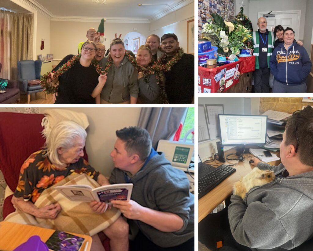 A four-image collage featuring Sarah, the Home Administrator at Frome Nursing Home. The top-left shows Sarah laughing with a group of supportive colleagues wearing festive garlands. Top-right shows Sarah with team members standing by a "Food Bank donations" box. Bottom-left shows Sarah sharing a quiet, purposeful moment reading with a resident. Bottom-right shows Sarah working at her desk with a guinea pig resting on her lap.
