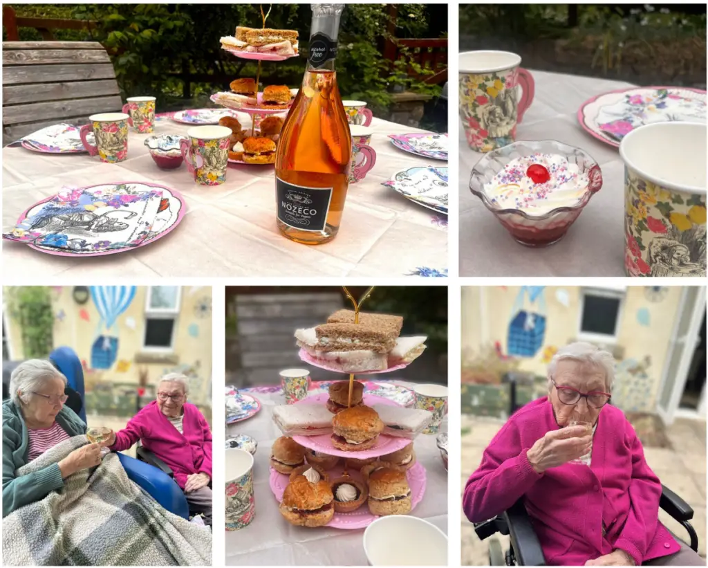 A collage showing an afternoon tea in the garden at Frome Nursing Home. Tables are set with Alice in Wonderland themed plates and floral cups alongside sandwiches, scones and alcohol-free Nozeco. Two older women sit together enjoying a drink outside, while another family member smiles as she sips fizz from a glass.