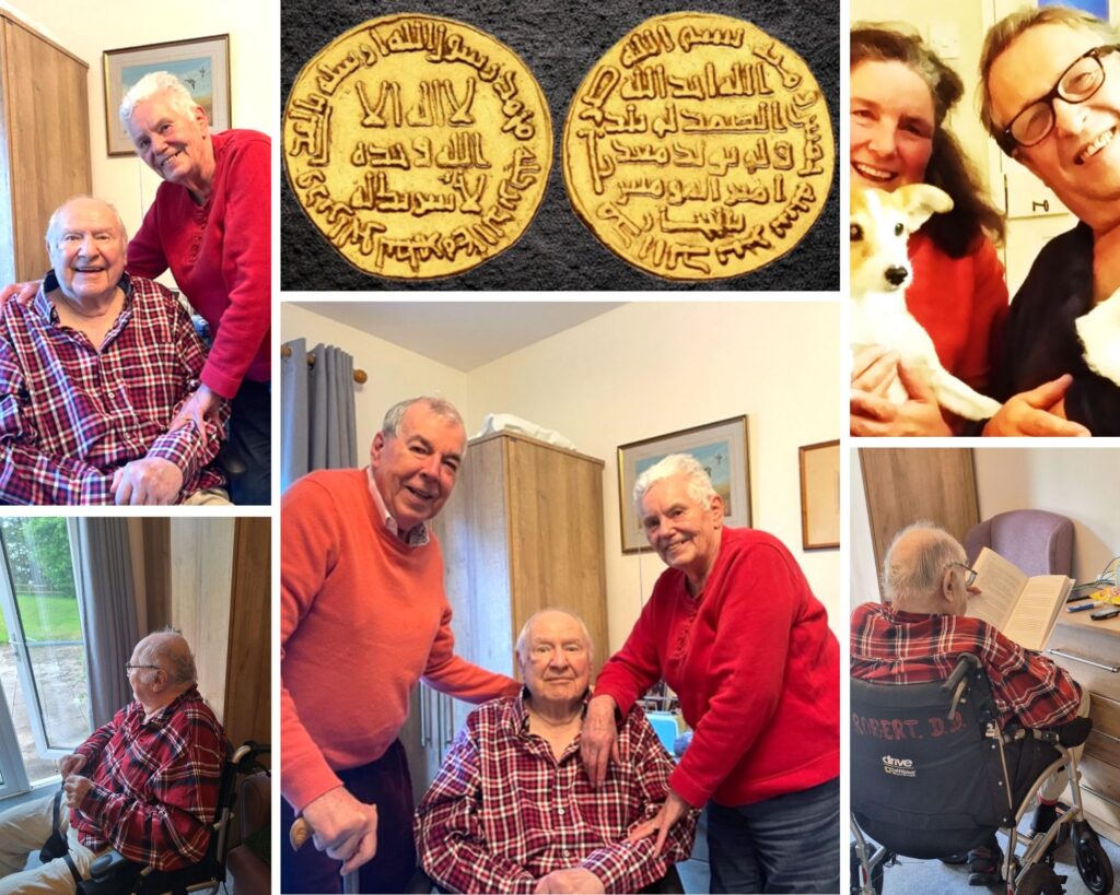 Collage showing Robert Darley-Doran at Frome Nursing Home with family, reading in his room and looking out through the French windows, alongside an image of an early Islamic gold coin.