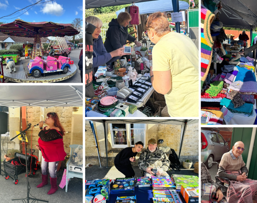 Photo collage of a community fair in Frome, Somerset, featuring a children's fairground ride, local craft and charity stalls, live singing, handmade knitted goods and people browsing stalls.